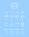 Zodiac symbol set, minimal cartoon style, white line on blue background. Royalty Free Stock Photo