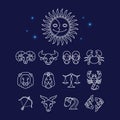 Zodiac symbol set, minimal cartoon style, white line on dark background. Royalty Free Stock Photo