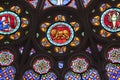 St. Denis Basilica Paris France. Colorful zodiac symbols depicted in a stained glass window in a medieval cathedral Royalty Free Stock Photo