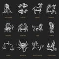 Zodiac symbols set, hand drawn in engraving style. Vector graphic retro illustration of astrological signs. Royalty Free Stock Photo