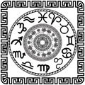 Zodiac symbols. Vector mandala. Greek black and white pattern wi