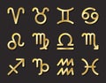 Zodiac twelve golden icons set, astrology prediction sign and horoscope symbols