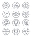 Zodiac vector astrology vector line icons. Aries and taurus, gemini and cancer, leo and virgo, libra and scorpio