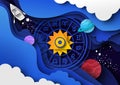 Zodiac wheel with horoscope signs, Sun, planets, starry sky, vector paper cut illustration. Milky Way galaxy. Astrology. Royalty Free Stock Photo