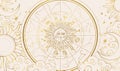 Zodiac wheel with 12 signs and constellations, astrology vintage banner with golden sun and moon, horoscope background Royalty Free Stock Photo