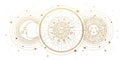 Zodiac wheel with 12 signs and constellations, horoscope vintage banner with golden sun and moon isolated on white Royalty Free Stock Photo