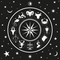 Zodiac wheel on starry sky, sun, moon and stars Royalty Free Stock Photo