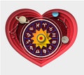 Zodiac wheel with twelve horoscope signs inside of heart, vector paper cut illustration. Zodiac love compatibility. Royalty Free Stock Photo