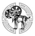 Zodiac whell with sign of Aries. Tattoo design.