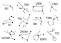 Zodiacal constellations. Astrology star signs, sky astrological star maps, hand drawn horoscope constellations isolated