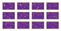 Zodiacal Constellations with its Data by Months in Golden Frames. Golden Stars Connected by Lines on Purple Background