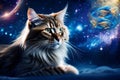 Zodiacal sign Pisces with its cosmic cat guardian over starry universe