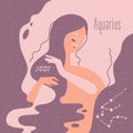 Zodiac esoteric vector sign Aquarius with tender mystic woman in a pink palette. Modern creative design Royalty Free Stock Photo