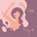 Zodiac esoteric vector sign Cancer with tender mystic woman in a pink palette. Modern creative design Royalty Free Stock Photo