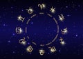 Wheel of the zodiac set collection 12 zodiac signs, Vector isolated on blue starry sky background