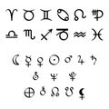 Signs of the zodiac and planetary symbols of astrology in calligraphic style Royalty Free Stock Photo