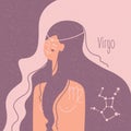 Zodiac esoteric vector sign Virgo with tender mystic woman in a pink palette. Modern creative design