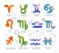 Zodiak icon signs set hand drawn with colored ink on white background. Astrology symbols, horoscope. Vector illustration Royalty Free Stock Photo