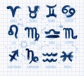 Zodiak icon signs set hand drawn with wet brush and blue ink on lined paper. Astrology symbols, horoscope. Vector Royalty Free Stock Photo