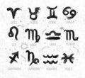 Zodiak icon signs set hand drawn with wet brush and ink on old paper background. Astrology symbols, horoscope. Vector Royalty Free Stock Photo