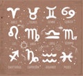 Zodiak icon signs set hand drawn with white ink on brown parcel paper background. Astrology symbols, horoscope. Vector Royalty Free Stock Photo