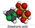 Zoledronic acid, zoledronate molecule. It is bisphosphonate, used to treat a number of bone diseases. Molecular model. 3D