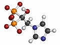 Zoledronic acid (zoledronate) osteoporosis drug molecule (bisphosphonate class). Atoms are represented as spheres with