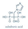 Zoledronic acid zoledronate osteoporosis drug molecule bisphosphonate class. Skeletal formula.