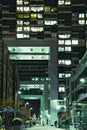 Zollhafen Street below and through the crane houses at night in Cologne, Germany