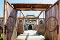 View of wooden drawbridge and main Gate of the Zolochiv Castle. Sunny spring day. Royalty Free Stock Photo