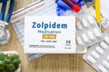 Zolpidem medication as international nonproprietary or generic name concept photo. Packaging of drugs labeled `Zolpidem medication Royalty Free Stock Photo