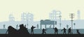 Zombie apocalypse scene. Silhouette of soldiers and dead peoples. Military landscape. Undead in city. Nightmare monsters