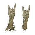 Zombie body language. Sign of the horns. lifelike depiction of the rotting flash with ragged skin, protruding bones and