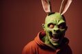 Zombie in bunny costume. Portrait of undead in suit of hare. Halloween. Generative AI.