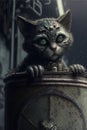 Zombie cat character looking out of tin garbage can, very sad, unhappy, depressed. Generative ai