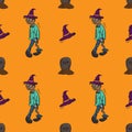 zombie character seamless pattern hat and headstone halloween object holiday event orange color background design vector graphic,