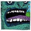 Portrait of a zombie very close, teeth, nose, tongue, eyes, against the backdrop of the landscape. Color illustration, can be usef