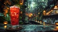 Zombie cocktail in a dimly lit tiki bar