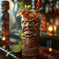 Zombie cocktail in a dimly lit tiki bar