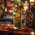 Zombie cocktail in a dimly lit tiki bar