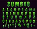 Zombie Font Alphabet green slime styled Halloween scary effect, letters and numbers. Vector isolated illustration