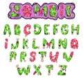Zombie font. Cartoon green vector letters with brains and bones. Monster, halloween, scary picture.