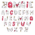 Zombie font. Cartoon green vector letters with brains and bones. Monster, halloween, scary picture.