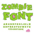 Zombie font. Scary Green letters and brain. Horrible Halloween A