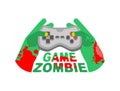 Zombie game. Zombie plays on a gamepad. Zombie hands and joystick