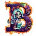 Zombie girl amazing halloween letter B decoration separated on white background.