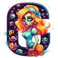 Zombie girl amazing halloween letter C decoration separated on white background.