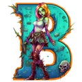 Zombie girl amazing halloween letter B decoration separated on white background.