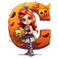 Zombie girl amazing halloween letter C decoration separated on white background.