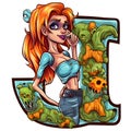 Zombie girl amazing halloween letter J decoration separated on white background.